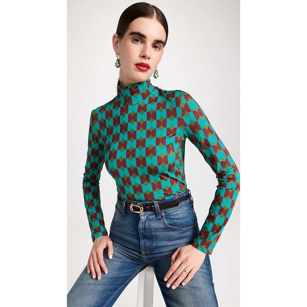 NWT DOUBLEJ Milano Skinny Jersey Turtleneck Top‎ Mezzaluna Green Retro Print